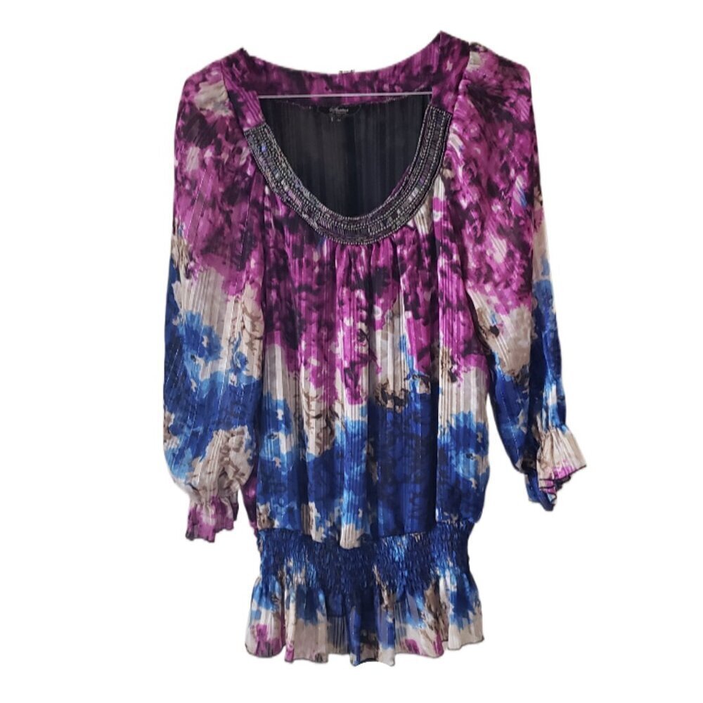 Status Multi Color Lightweight Long Sleeve Blouse with Beaded Neckline(S2)